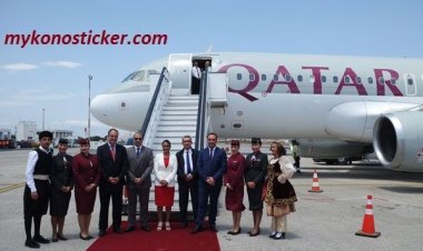 Στην υποδοχή της πρώτης, απευθείας πτήσης της Qatar Airways από την Ντόχα του Κατάρ στο αεροδρόμιο της Μυκόνου, παρέστη ο Περιφερειάρχης (pics & vids)