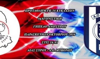 Πάει γιά την 3η συνεχόμενη νίκη  στην Σύρο η Κ 16 του Α.Ο Μυκόνου