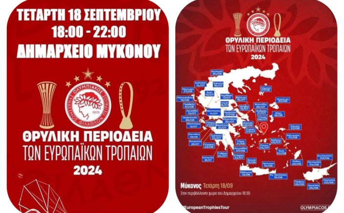 Τα ευρωπαϊκά τρόπαια του Ολυμπιακού έρχονται στην Μύκονο, την Τετάρτη 18 Σεπτεμβρίου 