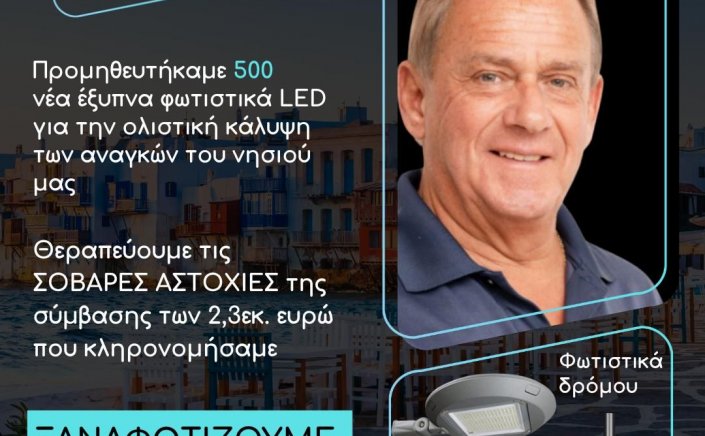 Χρήστος Βερώνης: 500 έξυπνα φωτιστικά LED για την αποκατάσταση αστοχιών προηγούμενης σύμβασης 2,3 εκατ. ευρώ και τη βελτίωση της ενεργειακής και αρχιτεκτονικής ταυτότητας της Μυκόνου